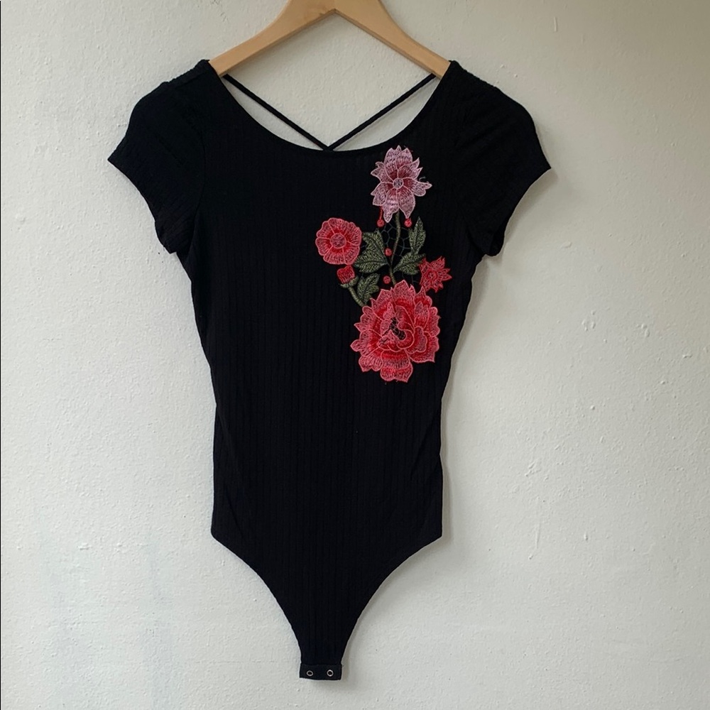 Floral Embroidered Black Bodysuit